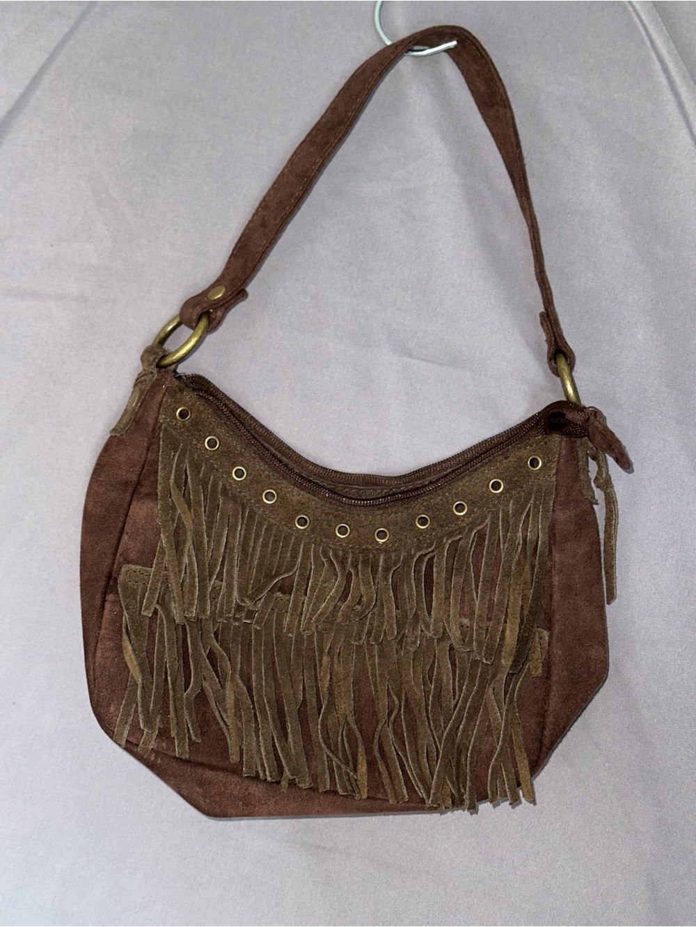 Chateau Brown Suede Fringe Shoulder Bag with Grommet Detail